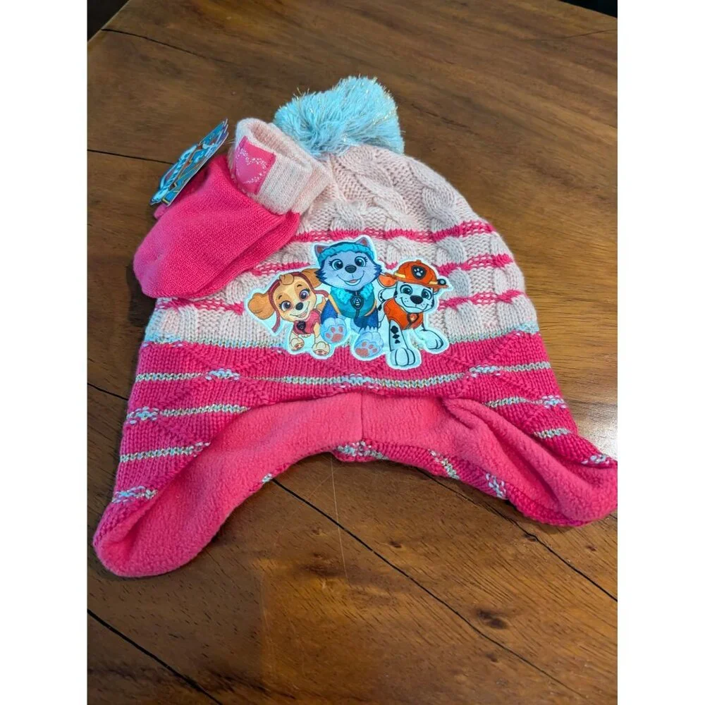 Paw Patrol Kids Pink  Winter Hat & Mittens Set With Pom Pom